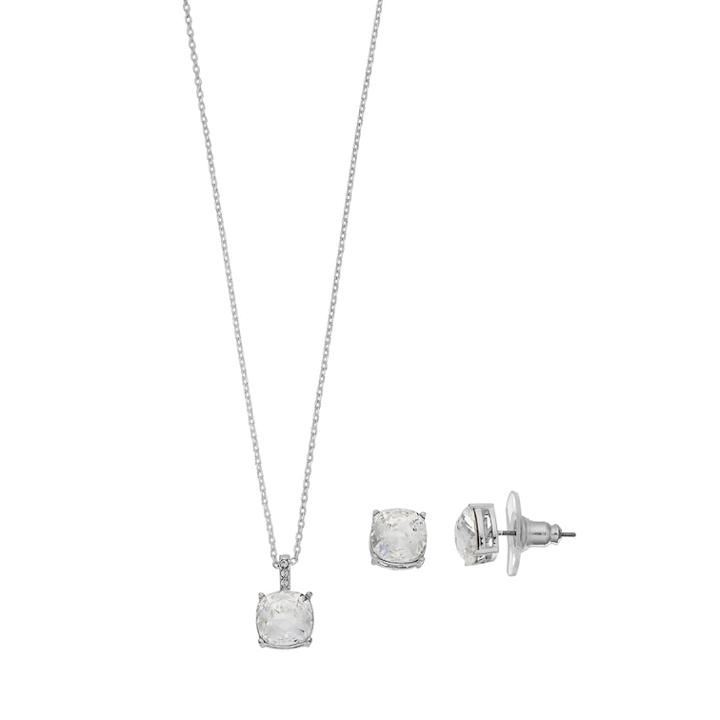 Brilliance Silver Plated Cushion Pendant & Stud Earring Set With Swarovski Crystals, Women's, White