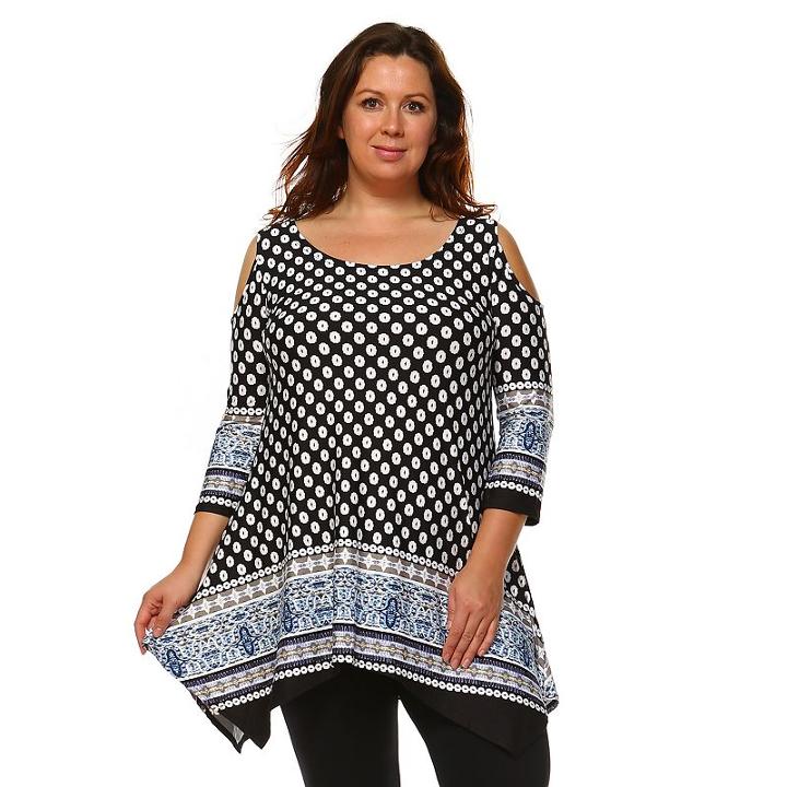 Plus Size White Mark Cold-shoulder Shark-bite Tunic, Women's, Size: 3xl, Black White