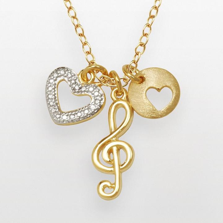 18k Gold Over Silver-plated And Silver-plated Diamond Accent Treble Clef And Heart Charm Necklace, Women's, White
