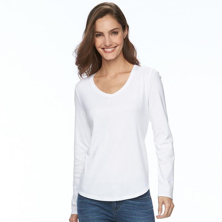 Women's Croft & Barrow&reg; Classic Curved-hem V-neck Tee, Size: Medium, White