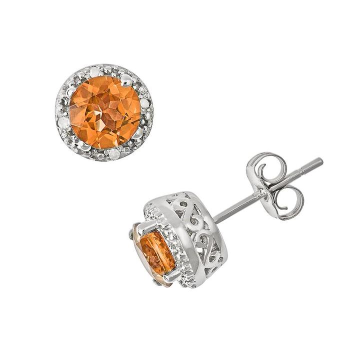 Sterling Silver Citrine And Diamond Accent Frame Stud Earrings, Women's, Orange