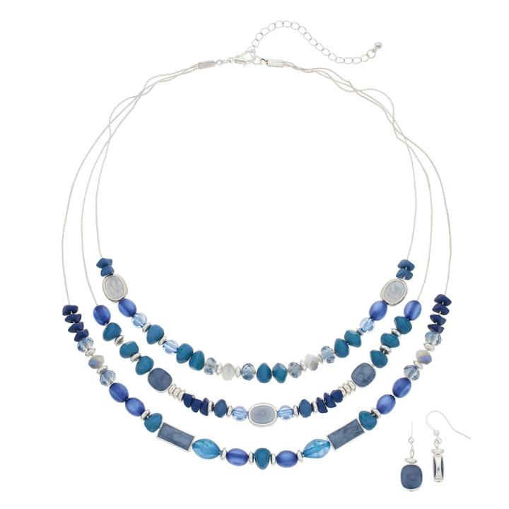 Blue Beaded Multiatrand Necklace & Drop Nickel Free Earring Set, Women's