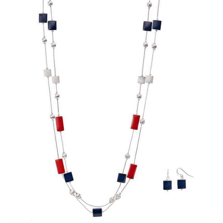 Red, White & Blue Geometric Double Strand Necklace & Drop Earring Set, Women's, Multicolor