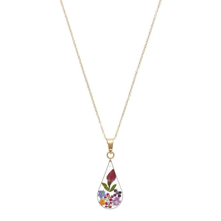 14k Gold Over Silver Pressed Flower Teardrop Pendant Necklace, Women's, Size: 18, Multicolor
