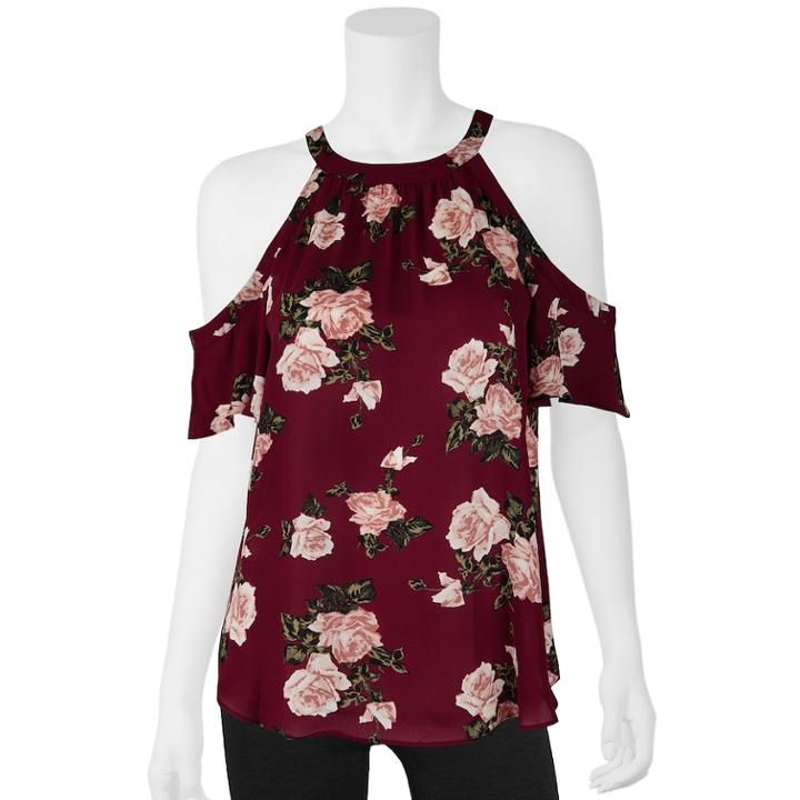 Juniors' Iz Byer Printed Ruffled Cold-shoulder Top, Teens, Size: Xs, Bordeaux Floral