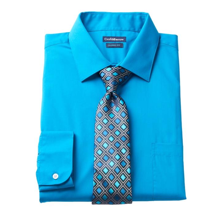 Men's Croft & Barrow&reg; Fitted Stretch-collar Dress Shirt And Patterned Tie Boxed Set, Size: M-32/33, Turquoise/blue (turq/aqua)