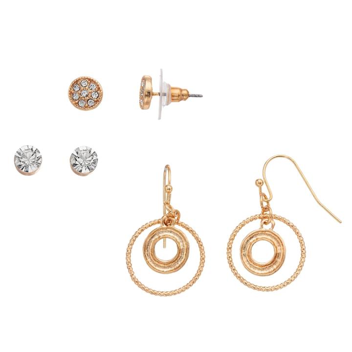 3-pair Circle Crystal Earring Set, Women's, Gold