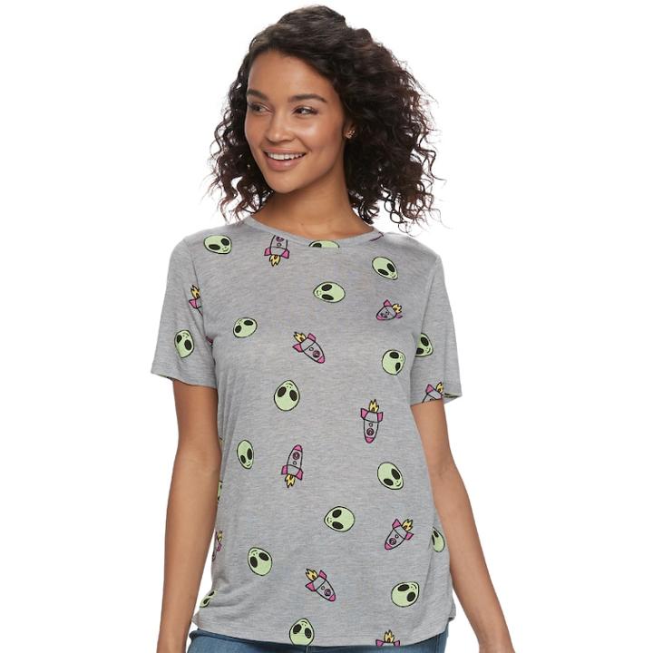 Juniors' Mighty Fine Alien & Spaceship Tee, Teens, Size: Small, Light Grey