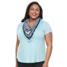 Plus Size World Unity Solid Scoopneck & Printed Scarf Tee, Women's, Size: 1xl, Med Blue