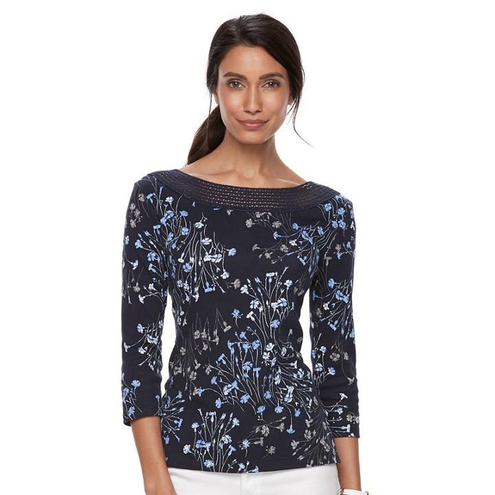Petite Croft & Barrow&reg; Crochet Boatneck Tee, Women's, Size: L Petite, Dark Blue