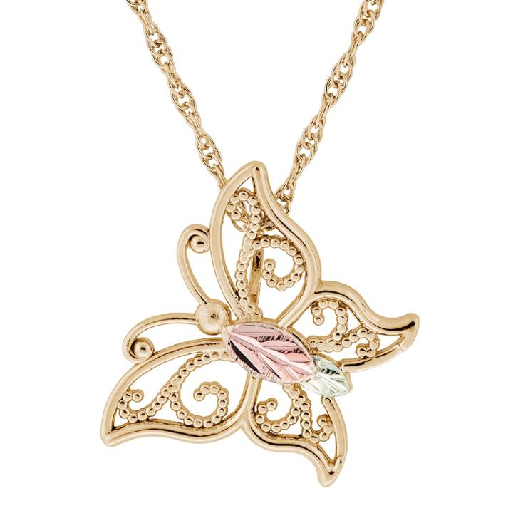 Black Hills Gold Tri-tone Openwork Butterfly Pendant Necklace, Women's, Size: 18, Yellow