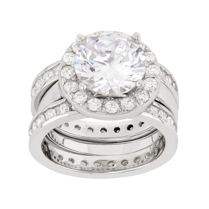 Cubic Zirconia Halo Engagement Ring Set In Sterling Silver, Women's, Size: 5, White