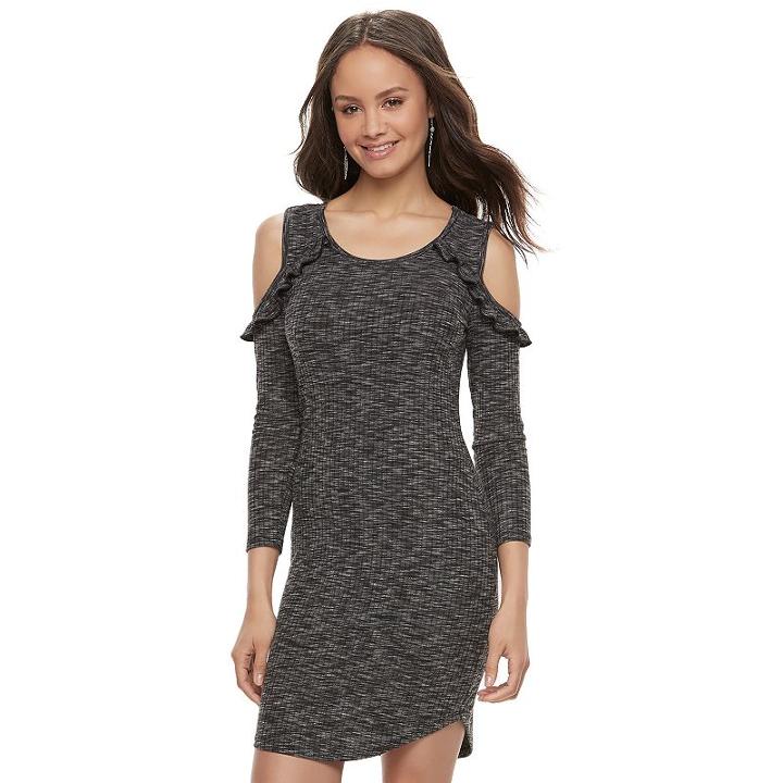 Juniors' Almost Famous Ruffle Cold Shoulder Bodycon Dress, Teens, Size: Xl, Black