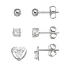 Cubic Zirconia Sterling Silver Heart & Ball Stud Earring Set, Women's, Grey