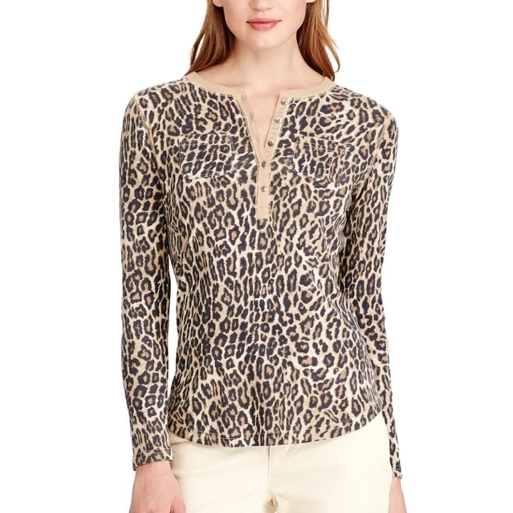 Women's Pocket Cotton Henley, Size: Large, Lt Beige