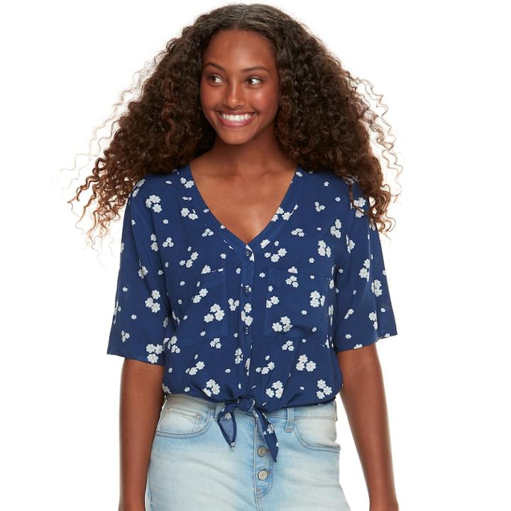 Juniors' About A Girl Printed Tie-front Shirt, Size: Xs, Blue (navy)