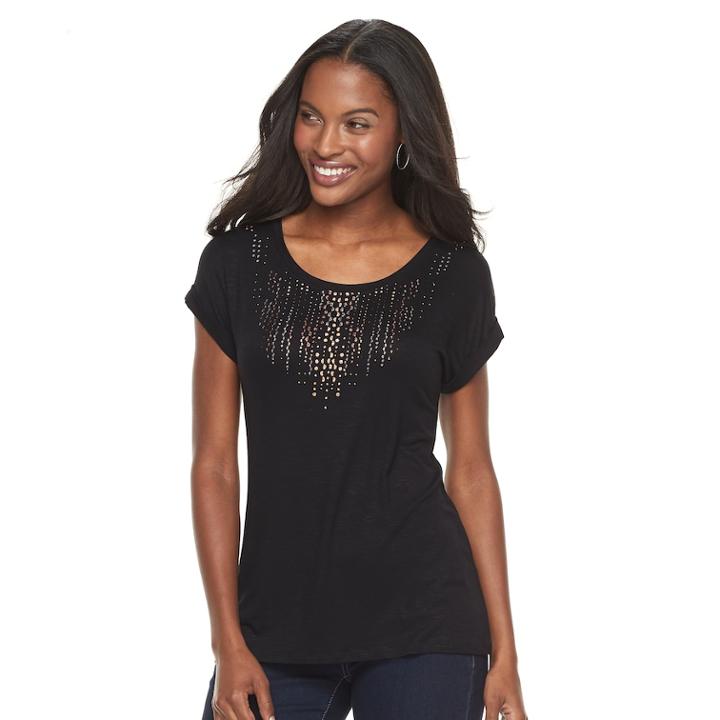 Petite Apt. 9&reg; Embellished Short Sleeve Tee, Women's, Size: Xs Petite, Oxford