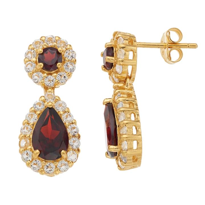 14k Gold Over Silver Garnet & White Topaz Teardrop Halo Earrings, Women's, Red
