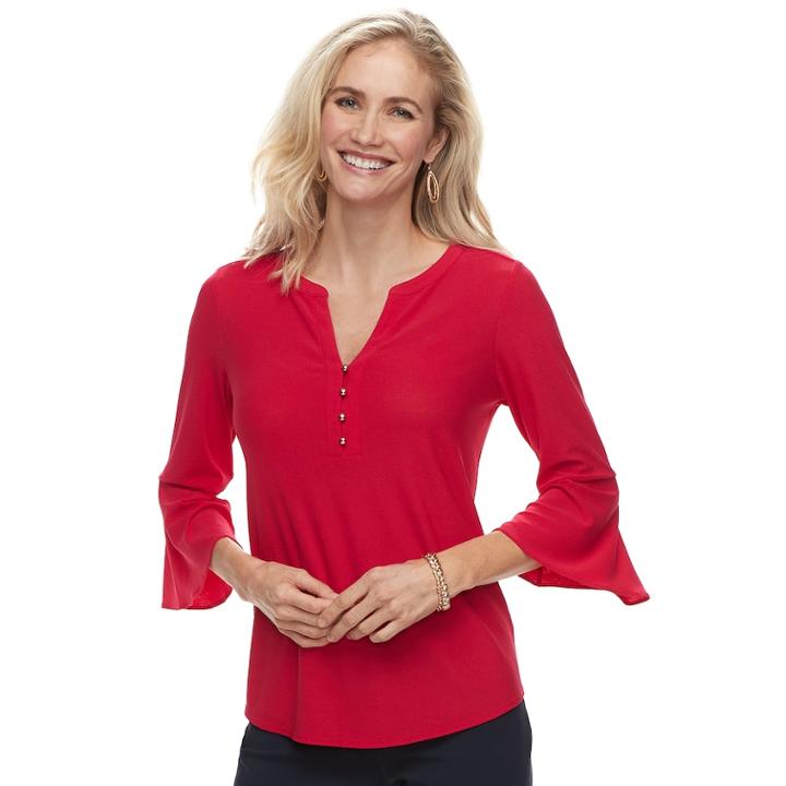 Women's Dana Buchman Bell Sleeve Henley Top, Size: Xl, Dark Pink