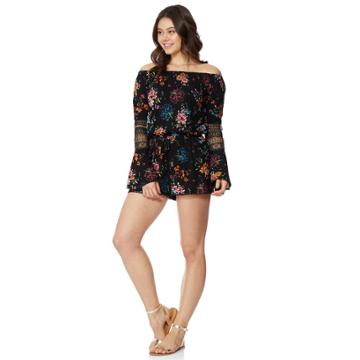 Juniors' Wallflower Printed Off-the-shoulder Bell Sleeve Romper, Teens, Size: Medium, Black Print