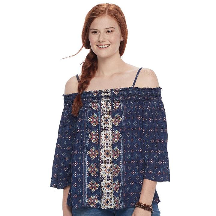 Juniors' Rewind Smocked Off-the-shoulder Top, Teens, Size: Large, Blue