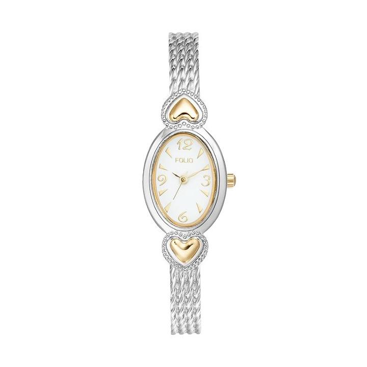 Folio Women's Two Tone Heart Hinged Cuff Watch, Size: Small, Grey