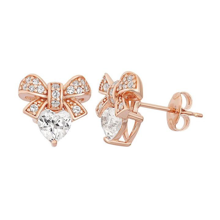 Lab-created White Sapphire 18k Rose Gold Over Silver Bow & Heart Stud Earrings, Women's