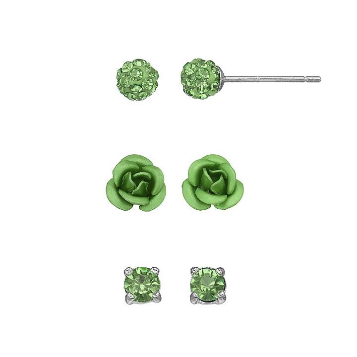 Silver Luxuries Silver Tone Crystal Fireball & Rose Stud Earring Set, Women's, Green