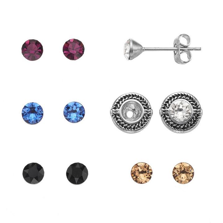 Brilliance Silver Plated Interchangeable Textured Halo Stud Earring Set With Swarovski Crystals, Women's, Multicolor