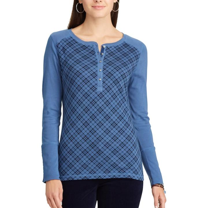 Women's Chaps Plaid Cotton Henley, Size: Large, Blue