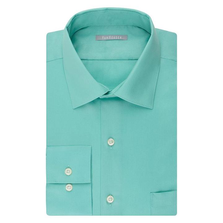 Men's Van Heusen Fitted Athletic Solid Lux Sateen No Iron Spread Collar Dress Shirt, Size: 17.5 36/37, Green Oth