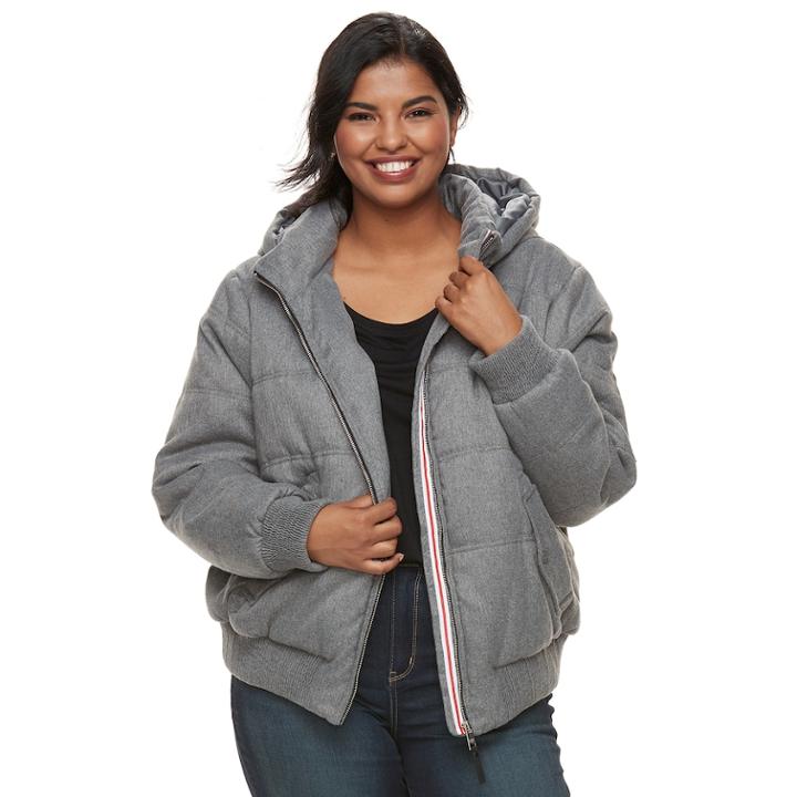 Juniors' Plus Size Urban Republic Hooded Puffer Bomber Jacket, Teens, Size: 2xl, Light Grey