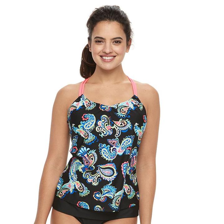 Women's N Printed Racerback Tankini Top, Size: Large, Black