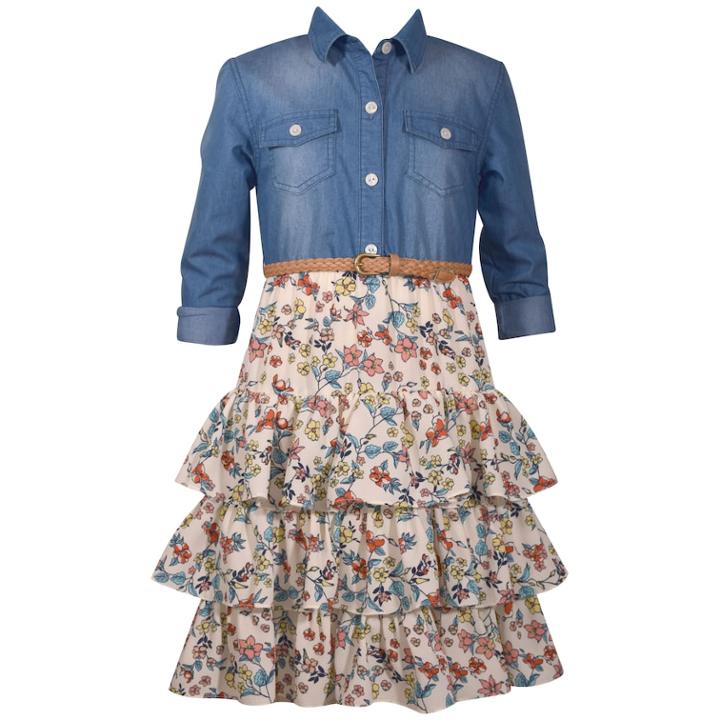 Girls 7-16 Tiered Hem Chambray Shirt Dress, Size: 10, Blue