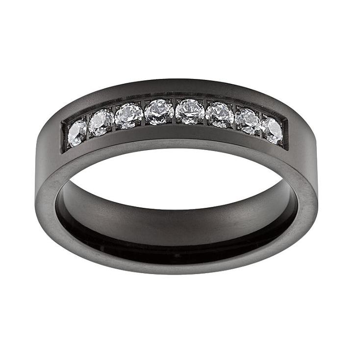Cubic Zirconia Black Ion-plated Titanium Band - Men, Size: 7, White