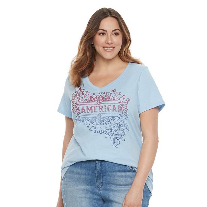 Plus Size Patriotic Graphic V-neck Tee, Women's, Size: 2xl, Med Blue