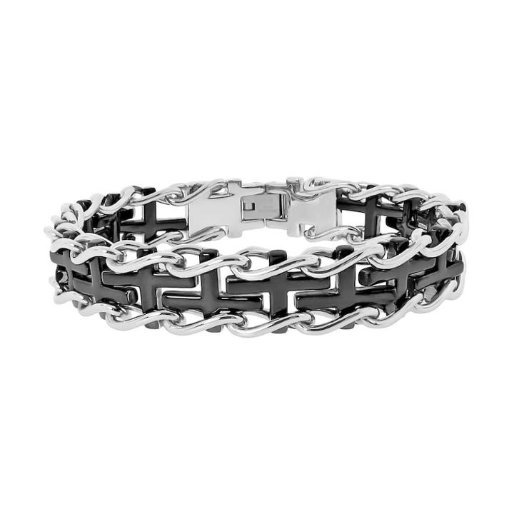 Lynx Two Tone Ion-plated Stainless Steel Sideways Cross Railroad Bracelet - Men, Size: 9, Black