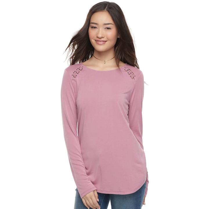 Juniors' Pink Republic Lace-up Raglan Tee, Teens, Size: Xl, Med Purple