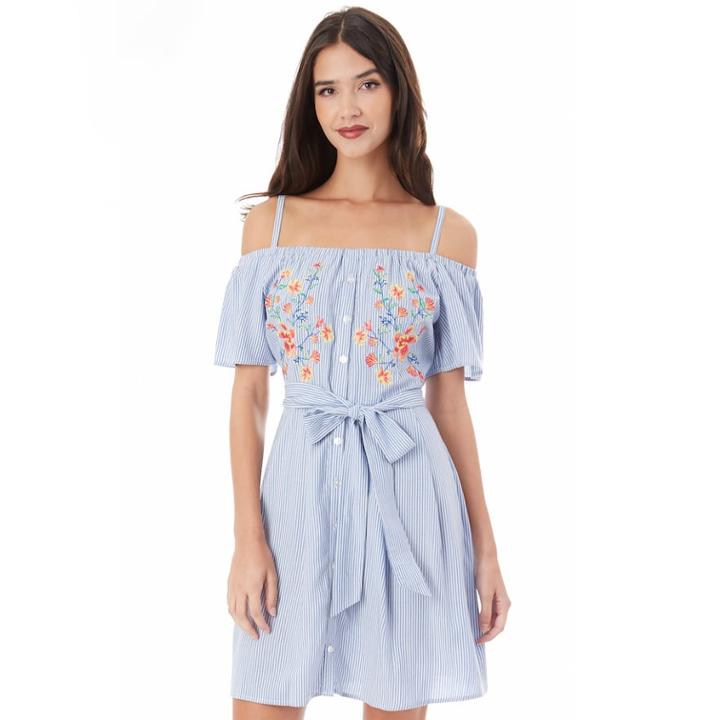 Juniors' Iz Byer Embroidered Off-the-shoulder Poplin Dress, Teens, Size: Large, Blue Embroidery