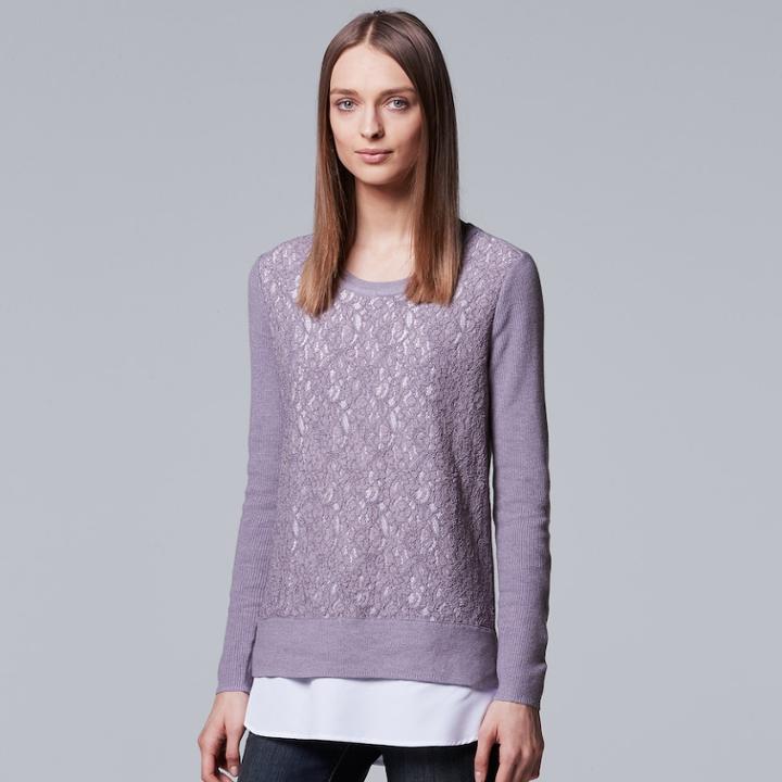 Women's Simply Vera Vera Wang Mock-layer Lace Sweater, Size: Small, Med Purple