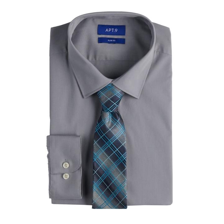 Men's Apt. 9&reg; Slim-fit Dress Shirt & Tie Set, Size: S 32-33, Silver