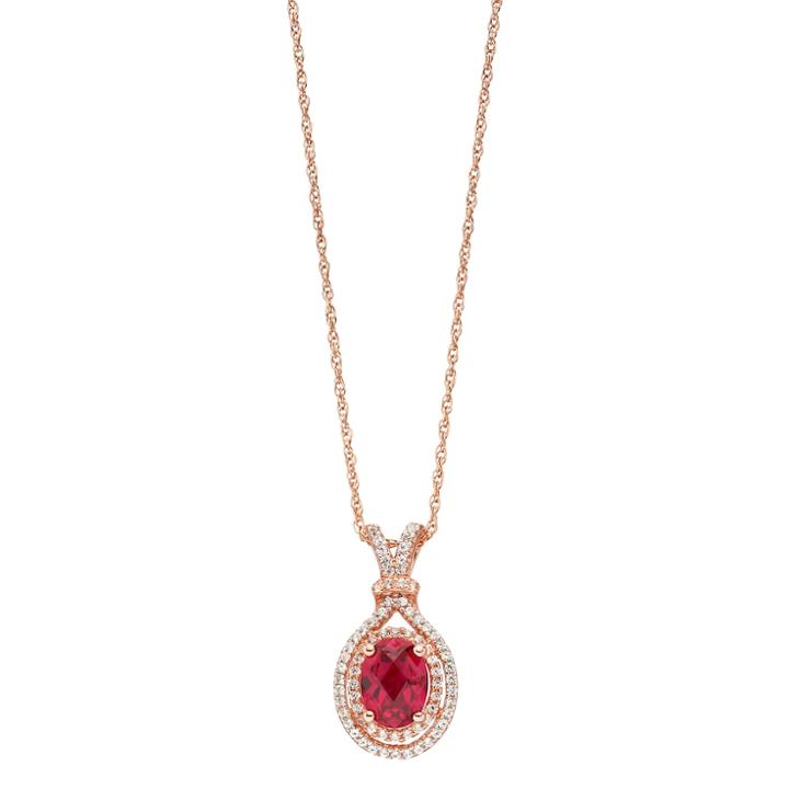 14k Rose Gold Over Silver Lab-created Ruby & Lab-created White Sapphire Oval Halo Pendant, Women's, Size: 18, Red