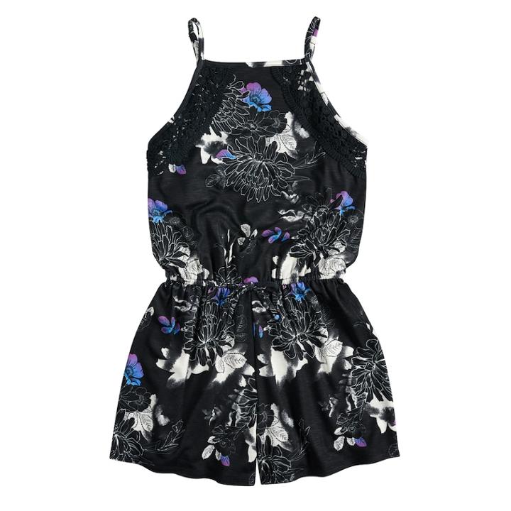 Girls 7-16 Mudd&reg; High Neck Printed Romper, Size: M/10, Black