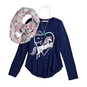 Girls 7-16 & Plus Size Self Esteem High-low Graphic Top Set With Scarf & Necklace, Size: M Plus, Blue