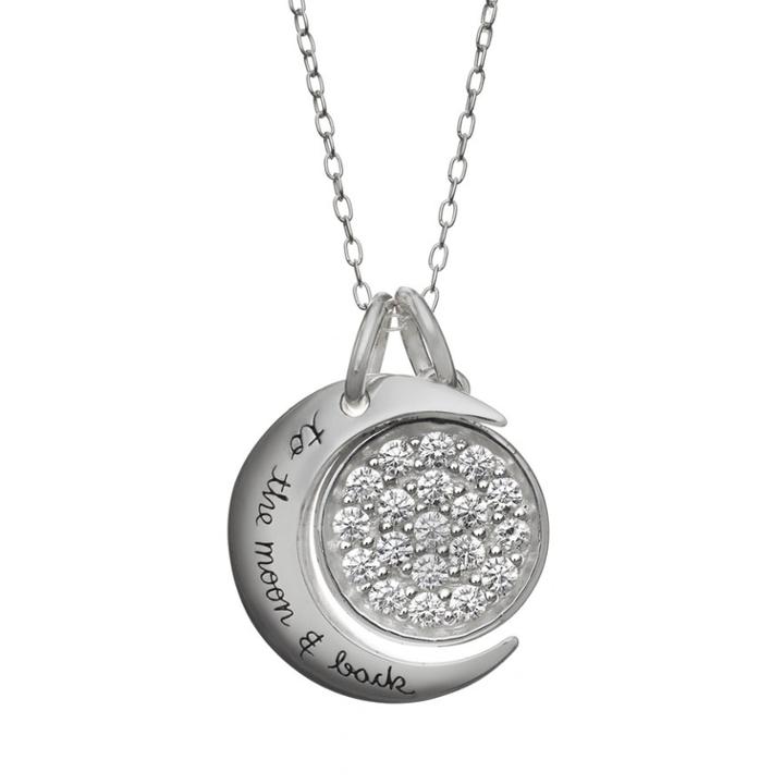 Love You To The Moon And Back Cubic Zirconia Sterling Silver Moon And Disc Pendant Necklace, Women's, White