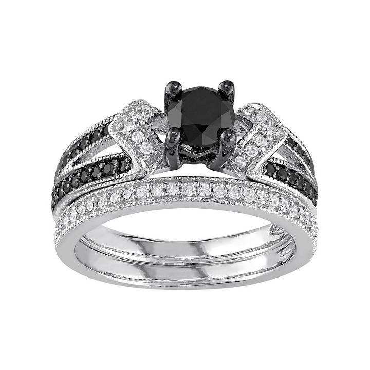 Sterling Silver 1 1/8 Carat T.w. Black & White Diamond Engagement Ring Set, Women's
