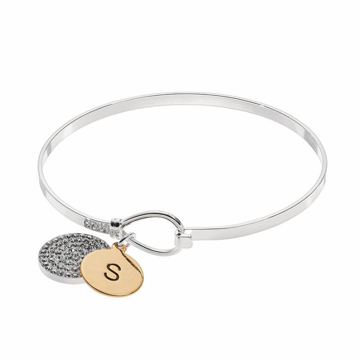 Two Tone Silver Plated Crystal Initial Disc Charm Bangle Bracelet, Women's, Size: 7.5, Grey
