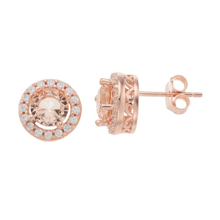 14k Rose Gold Over Silver Pink & White Cubic Zirconia Halo Stud Earrings, Women's