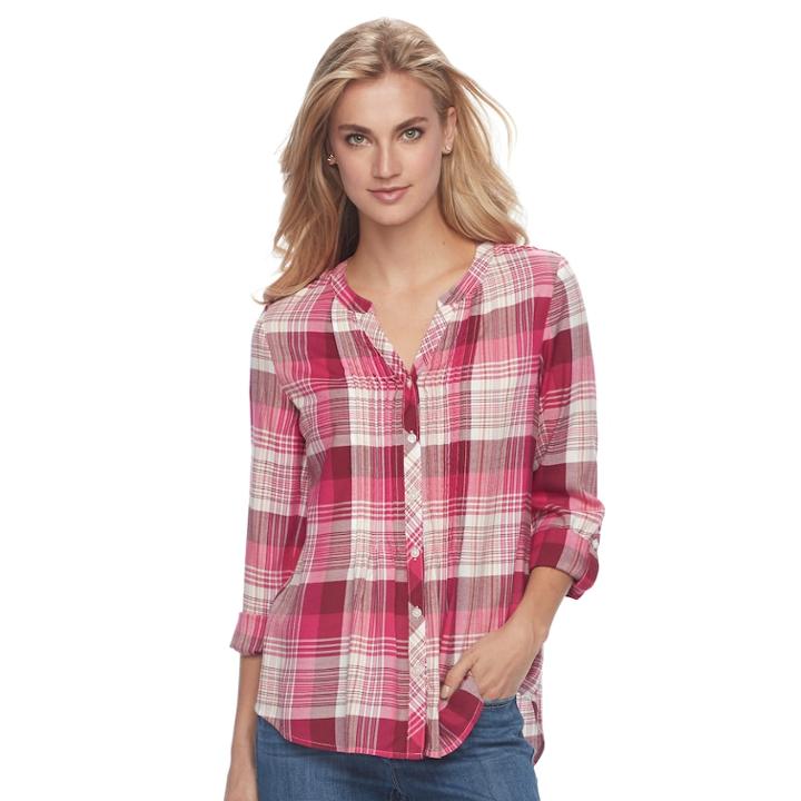 Women's Croft & Barrow&reg; Plaid Pintuck Shirt, Size: Medium, Red