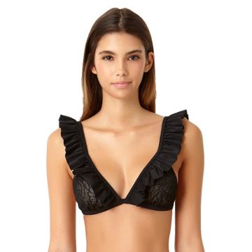 Juniors' California Sunshine Ruffled Lace Triangle Bikini Top, Women's, Size: Small, Black